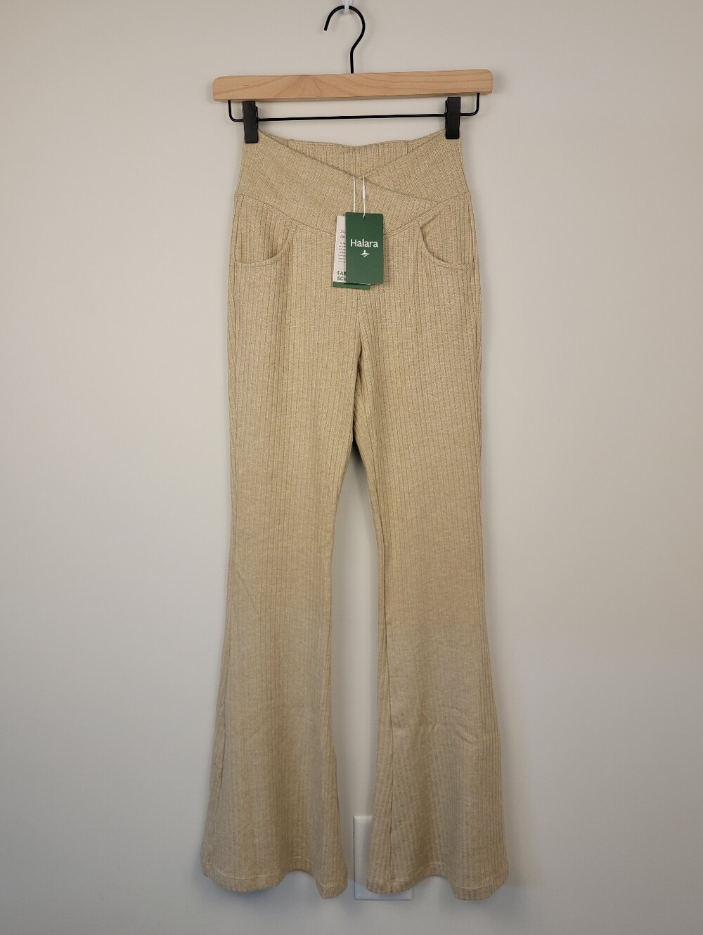 NWT HALARA Crossover High Waisted Cable Knit Flare Pants Tan Beige XS